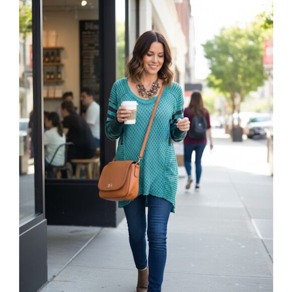 Anthropologie Scrapbook Mixed Media Crew Sweater Turquoise Black Size Large - Picture 1 of 9
